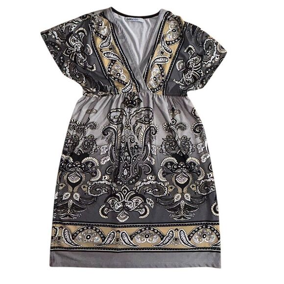 Bailey Blue Gray/Brown Paisley Dress Sz S Print Boho Deep V-neck Knee-length - Picture 1 of 11